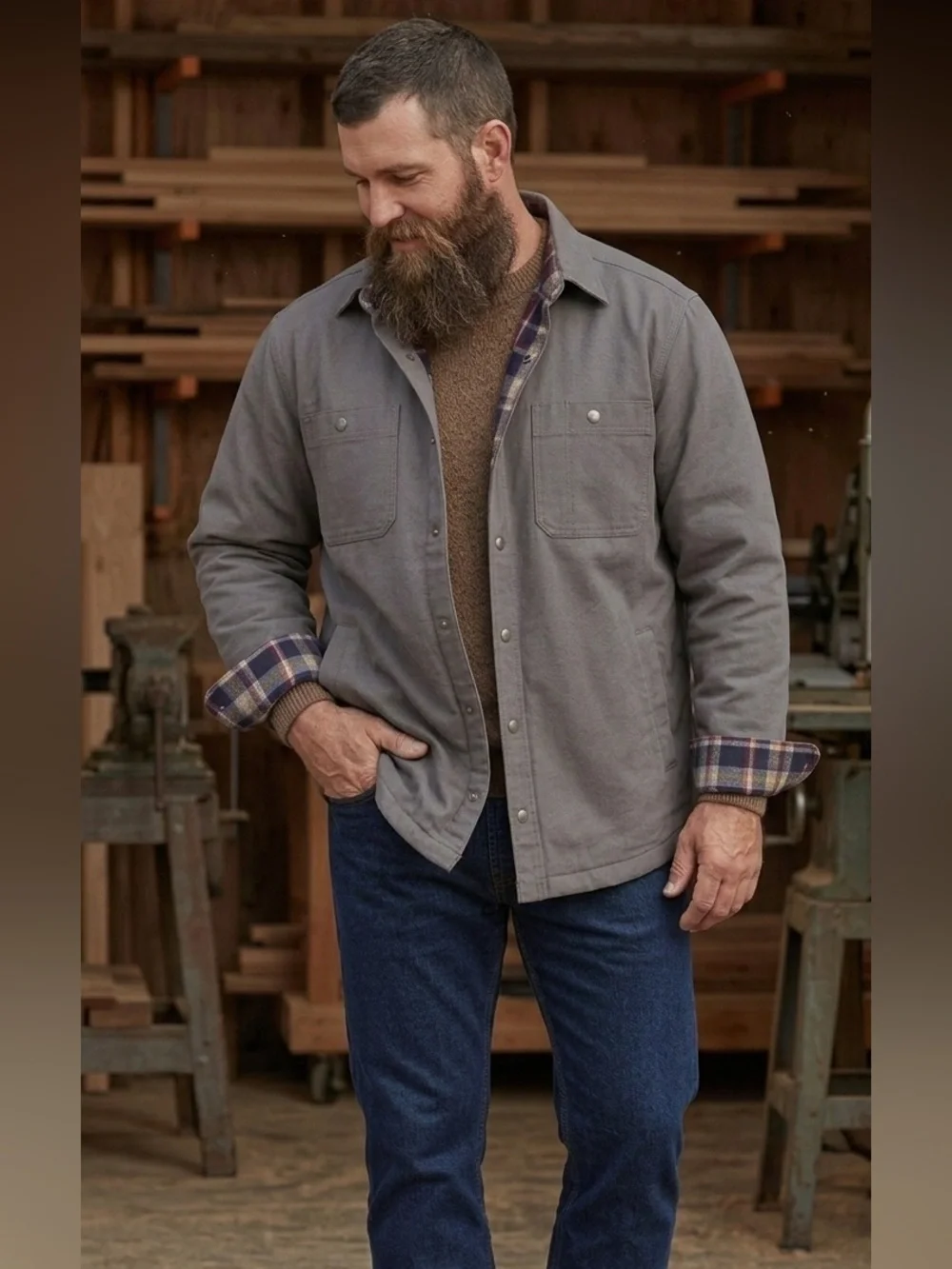 Duluth Trading Co Men 2XL Grey Fire Hose Flannel Lined Limber Jac Shirt Jacket